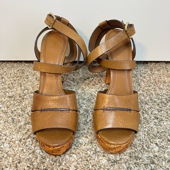Tory Burch Shoes - TORY Burch Tan Brown Vanetta Sandals Platform Strap Woven Heels Size 9.5 Leather